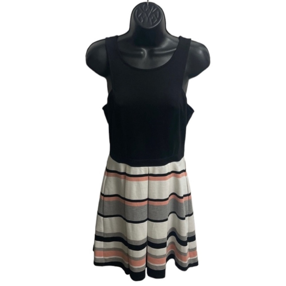 Sleeveless Black Top with Striped Cream and Pink Skirt Prom Dress